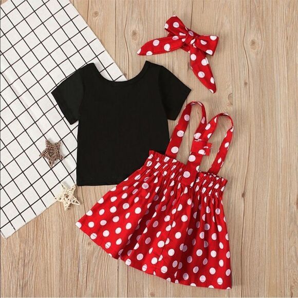 Girls Red & White Polka Dot Overall Dress 12-M Halloween Costume 3-pc Set Bow - Picture 7 of 17